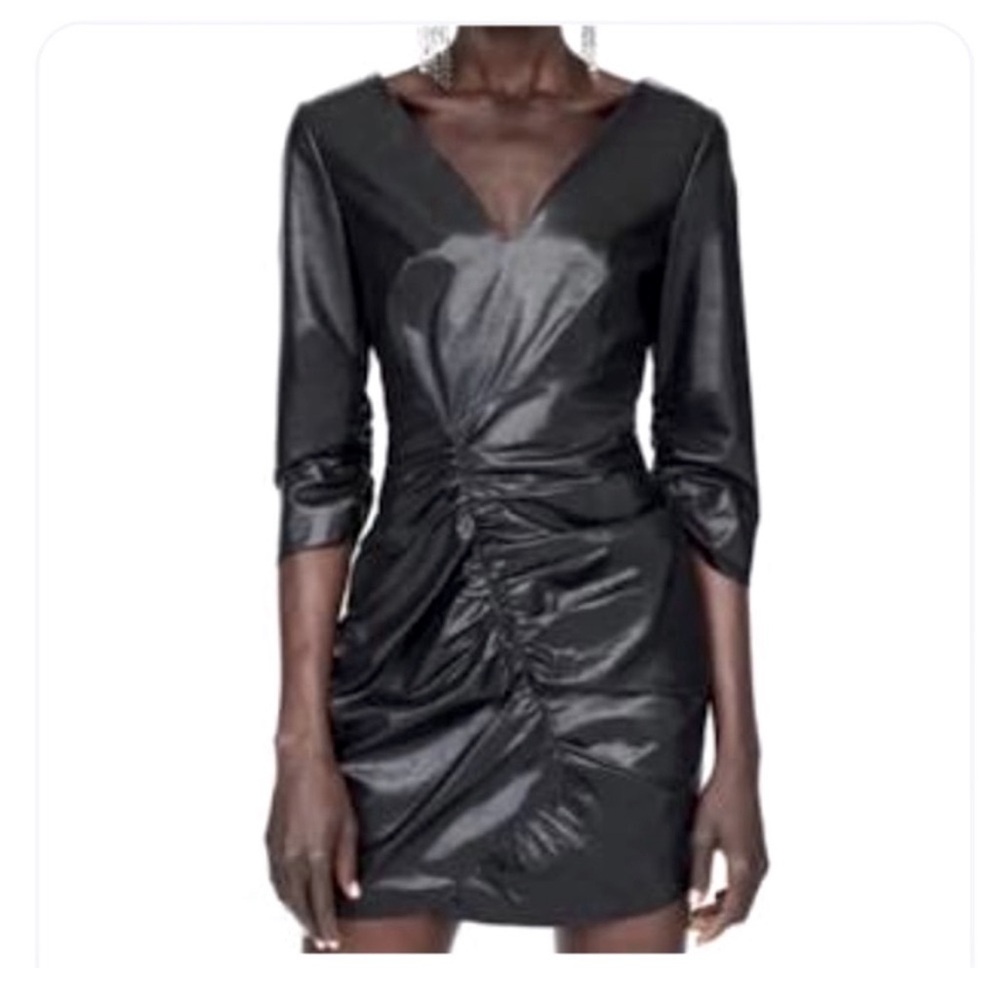 Zara Faux Leather Long Sleeve Black Ruched Dress
